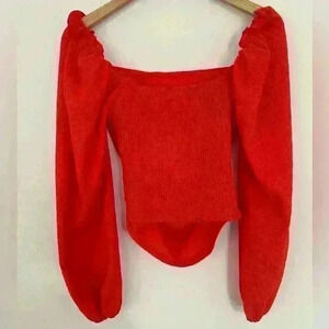 Shein Women Juniors Red Long Puff Sleeve Puff Ruffle Front Top y2k Size Small